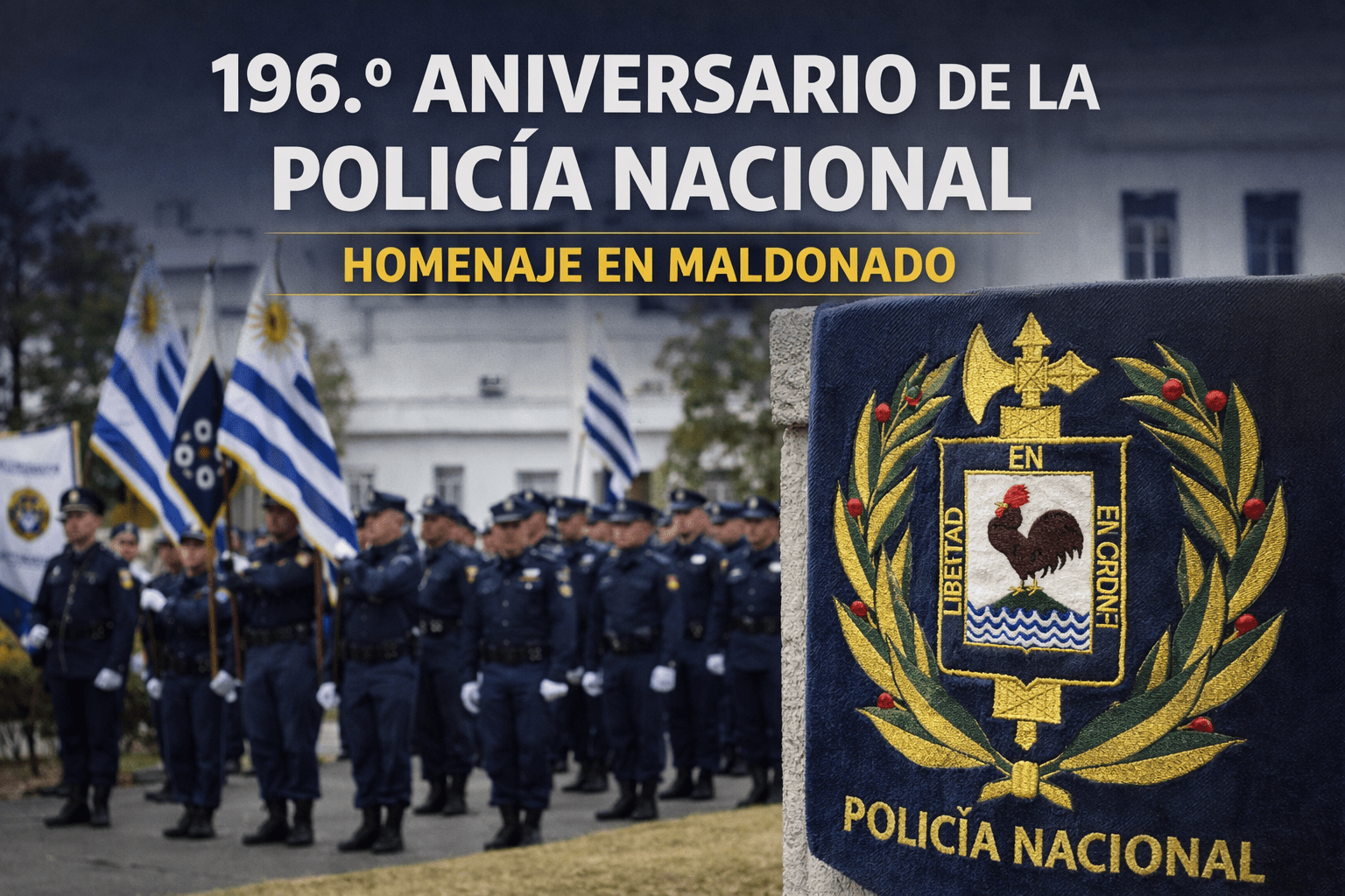 Homenaje por el 196.º aniversario de la Policía Nacional: formación policial y escudo institucional en primer plano.