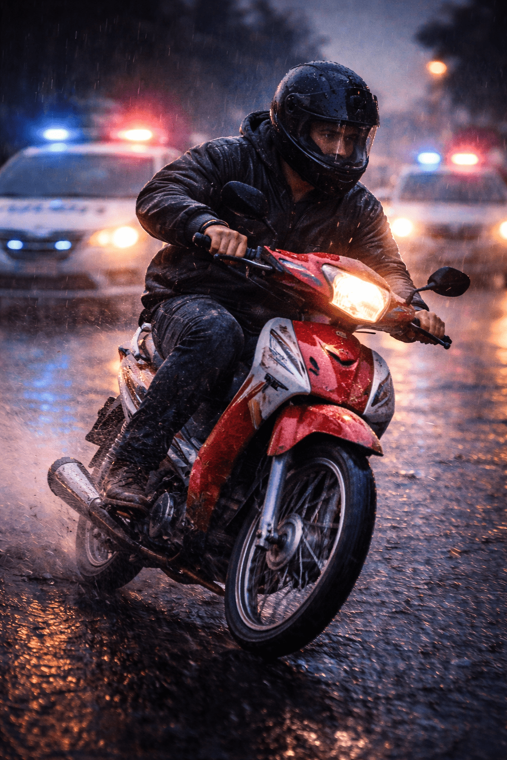 Motociclista con casco circula bajo la lluvia con luces policiales al fondo durante un operativo