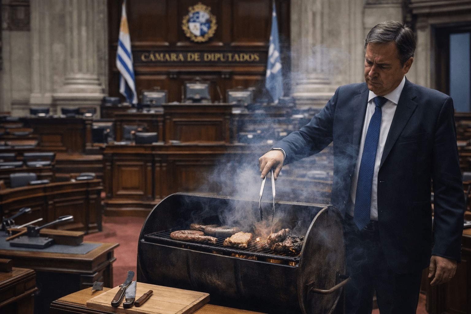 Hombre con traje cocina carne en una parrilla tipo tanque dentro de un recinto parlamentario.