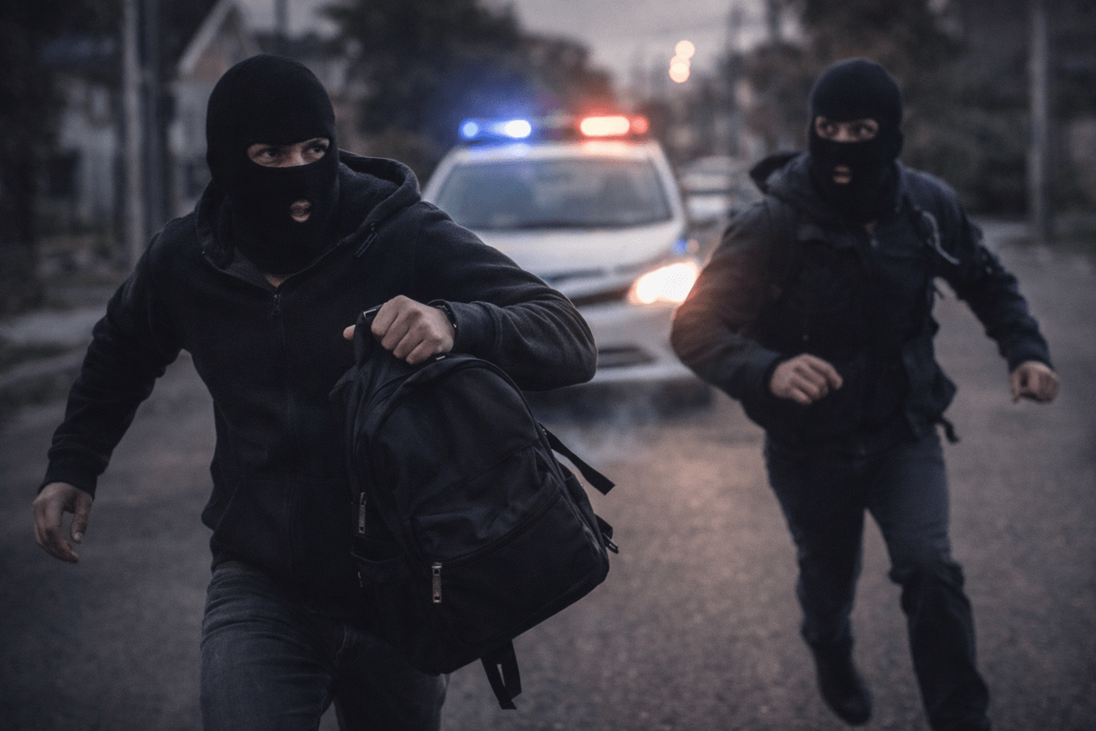 Dos personas con pasamontañas corren por la calle; una lleva una mochila, con patrullero con luces encendidas detrás (imagen ilustrativa).