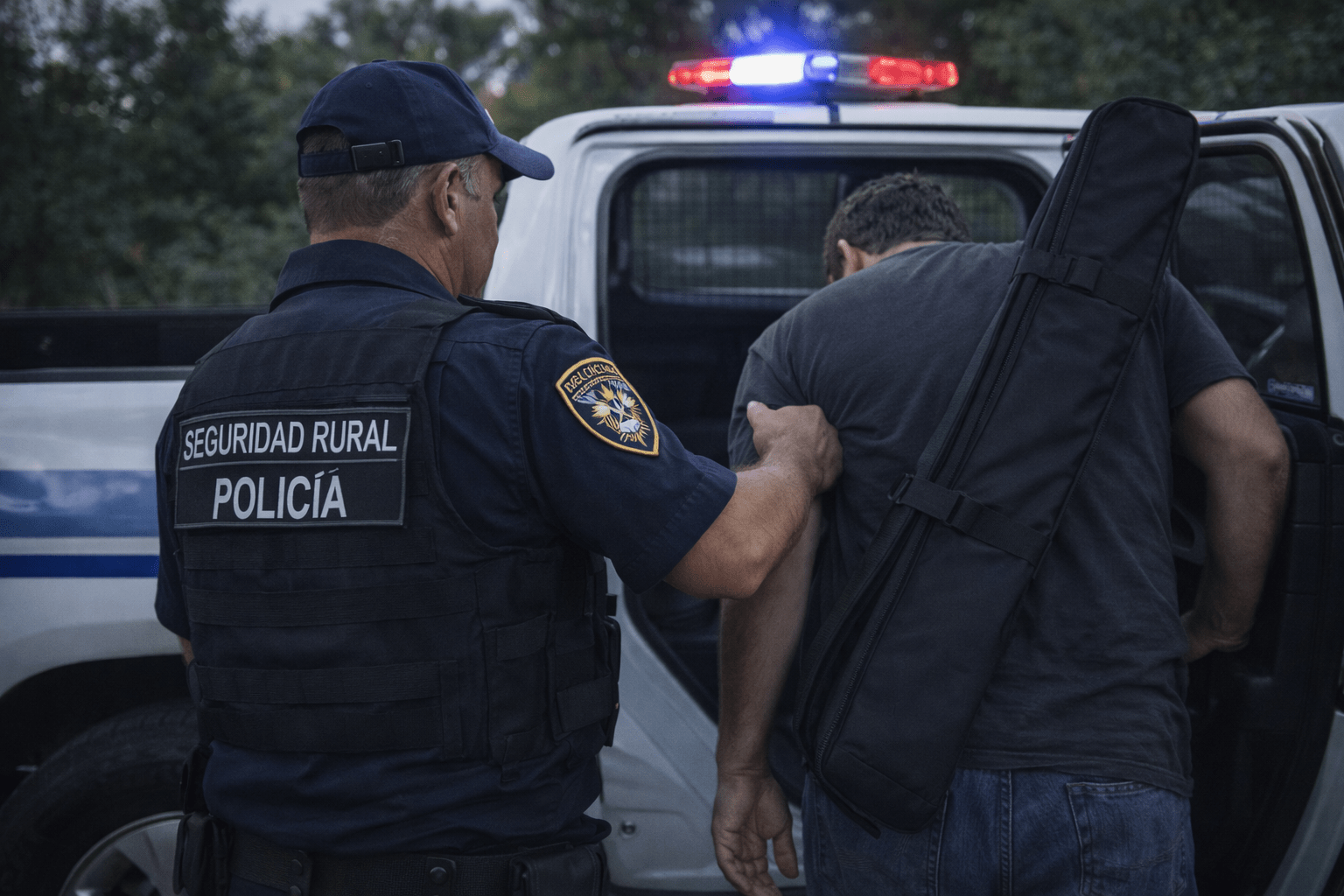 Policía rural escolta a un hombre hacia una camioneta policial en un camino rural; el hombre lleva un estuche porta-rifle (imagen ilustrativa).