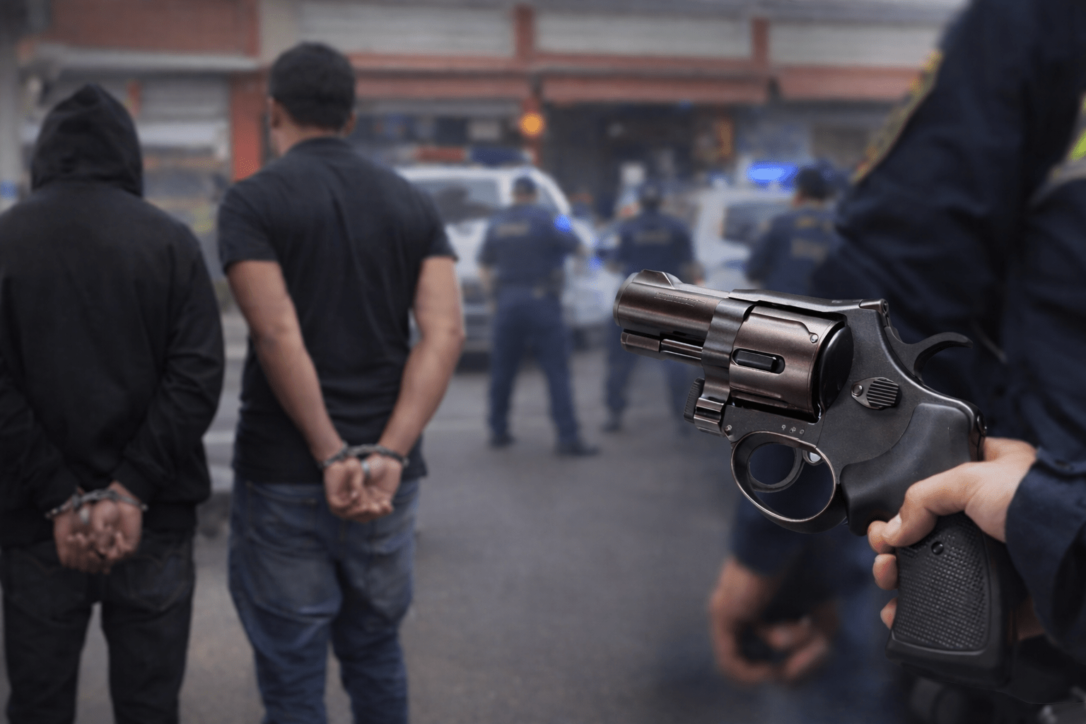 Dos hombres esposados de espaldas y presencia policial durante un operativo (imagen ilustrativa, no corresponde al hecho).