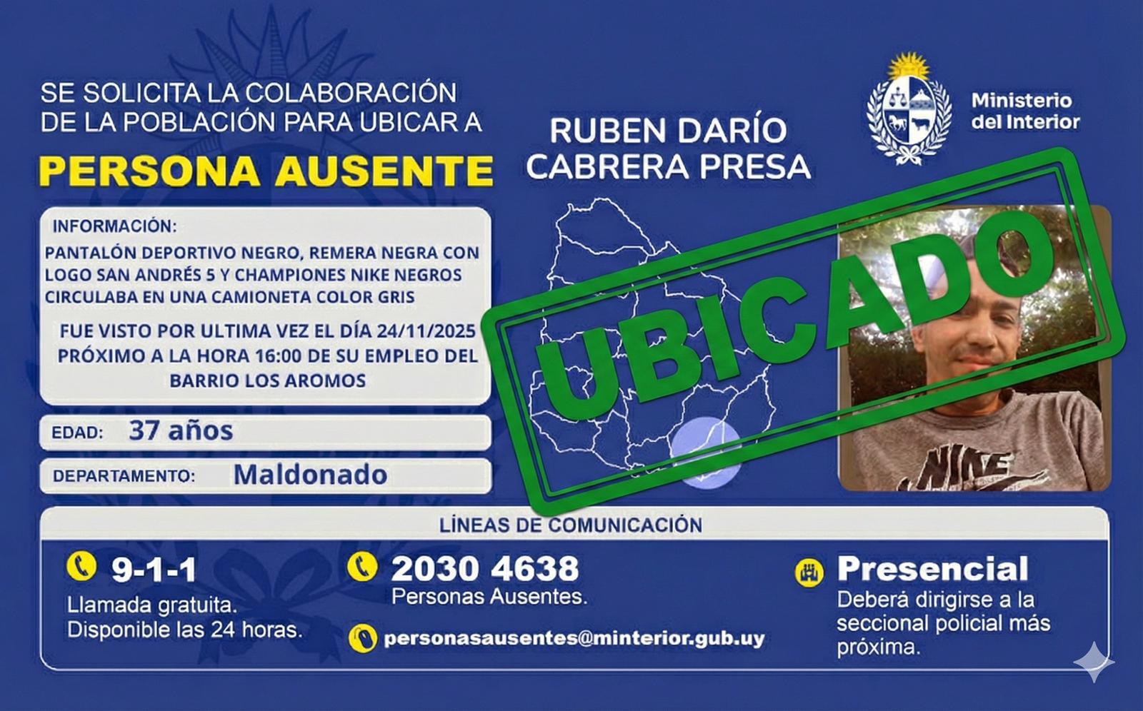Imagen oficial ilustrativa del Ministerio del Interior indicando que la persona ausente fue ubicada.