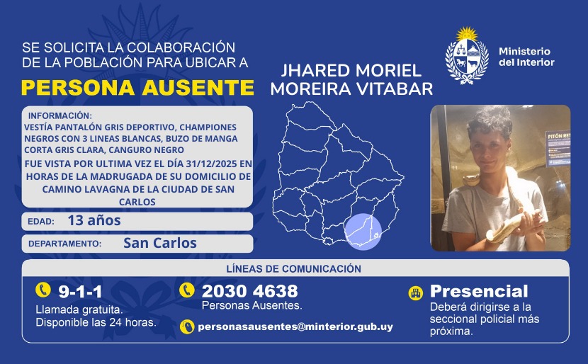 Placa oficial de persona ausente en San Carlos: Jhared Moriel Moreira Vitabar, 13 años (imagen oficial)