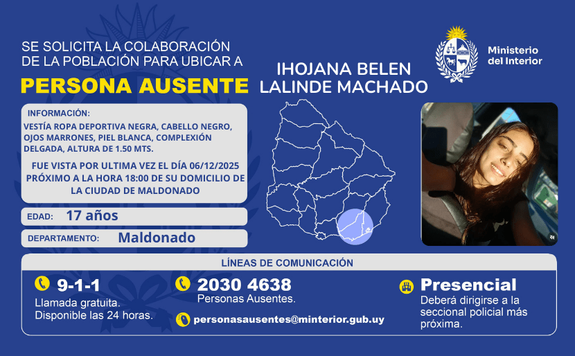 “Persona ausente en Maldonado: Ihojana Belén Lalinde Machado, 17 años, aviso oficial