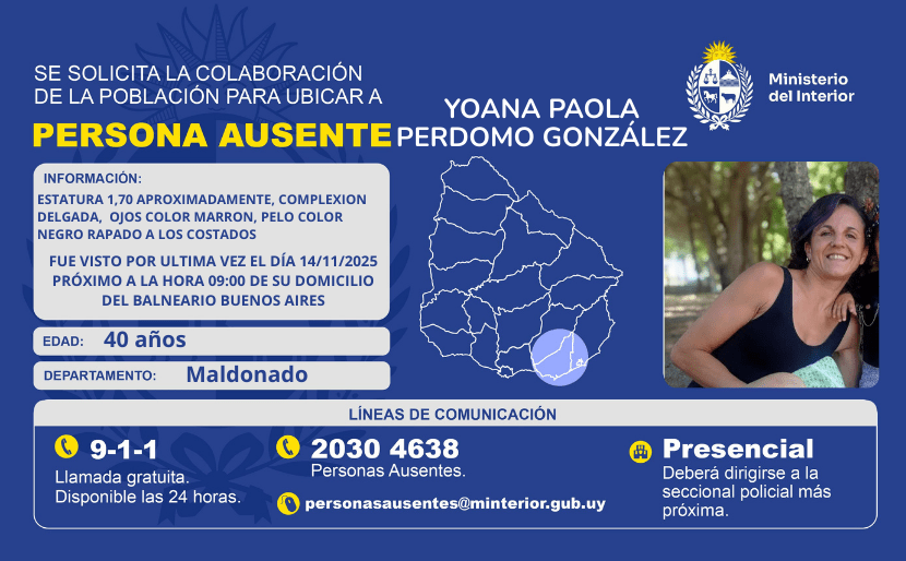 “Persona ausente en Maldonado: Yoana Paola Perdomo González, aviso oficial”