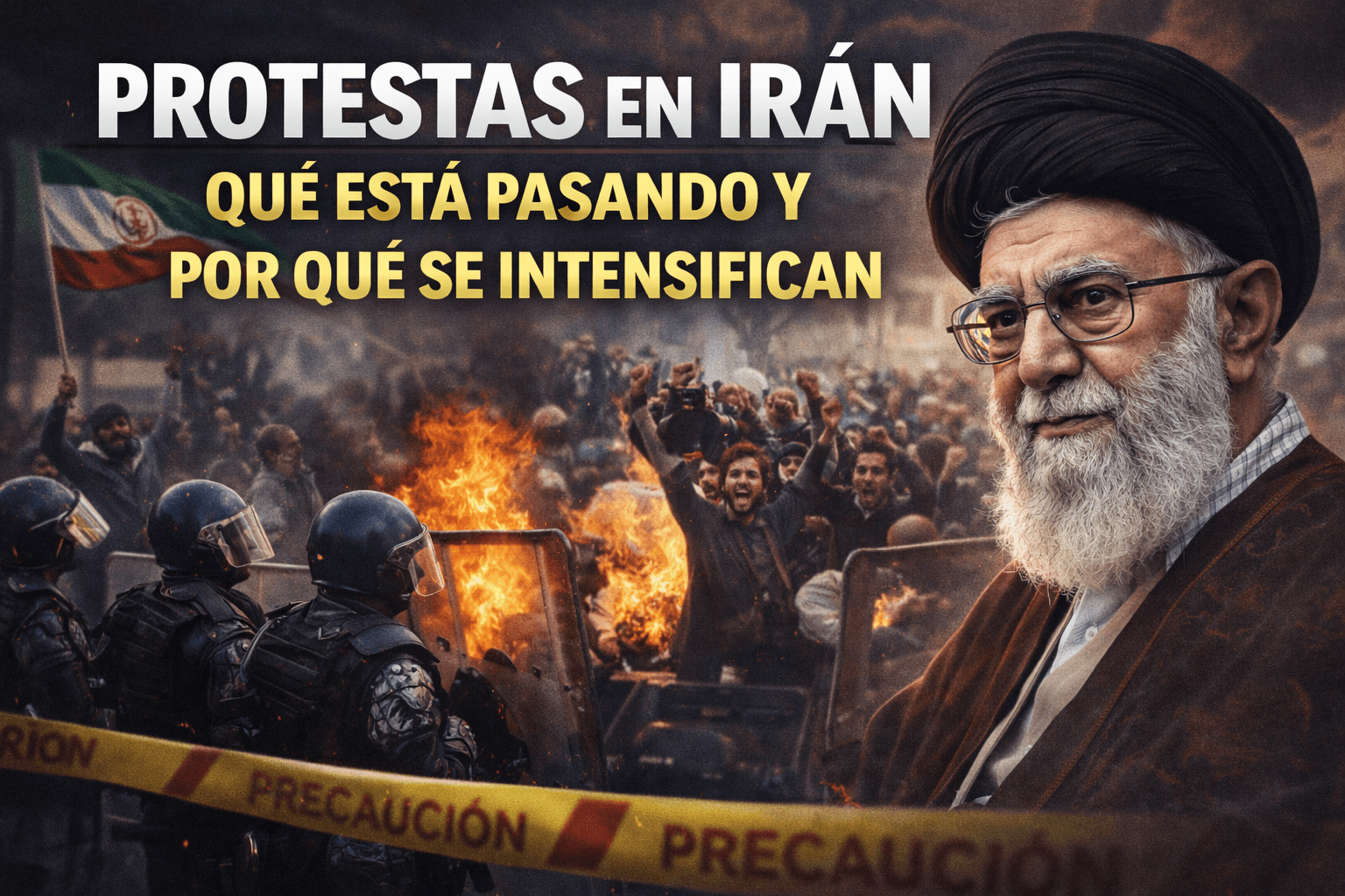 Imagen ilustrativa de protestas en Irán con el ayatolá como figura principal