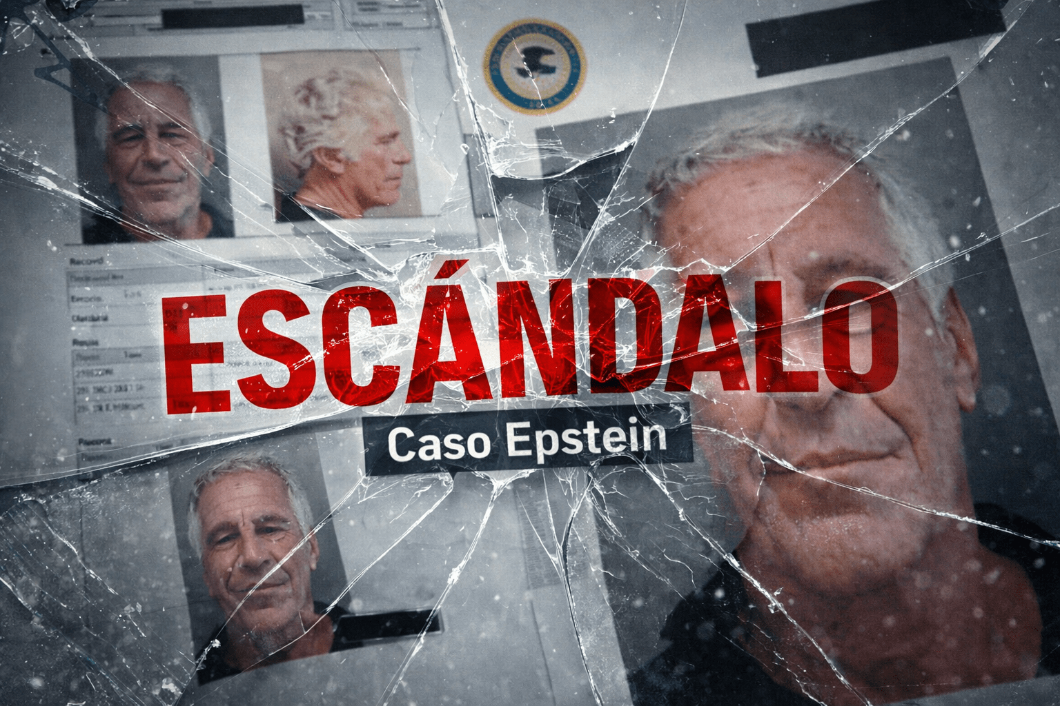 Portada con texto “Escándalo” y subtítulo “Caso Epstein” sobre fondo de vidrios rotos