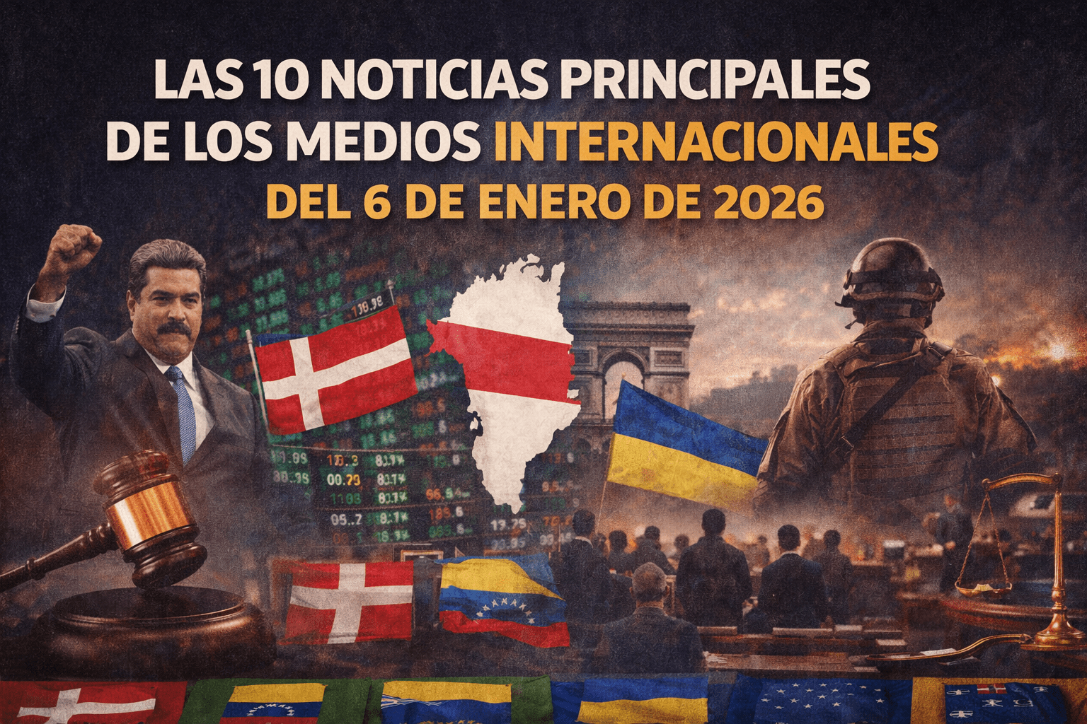 Imagen ilustrativa con composición de noticias internacionales del 6 de enero de 2026