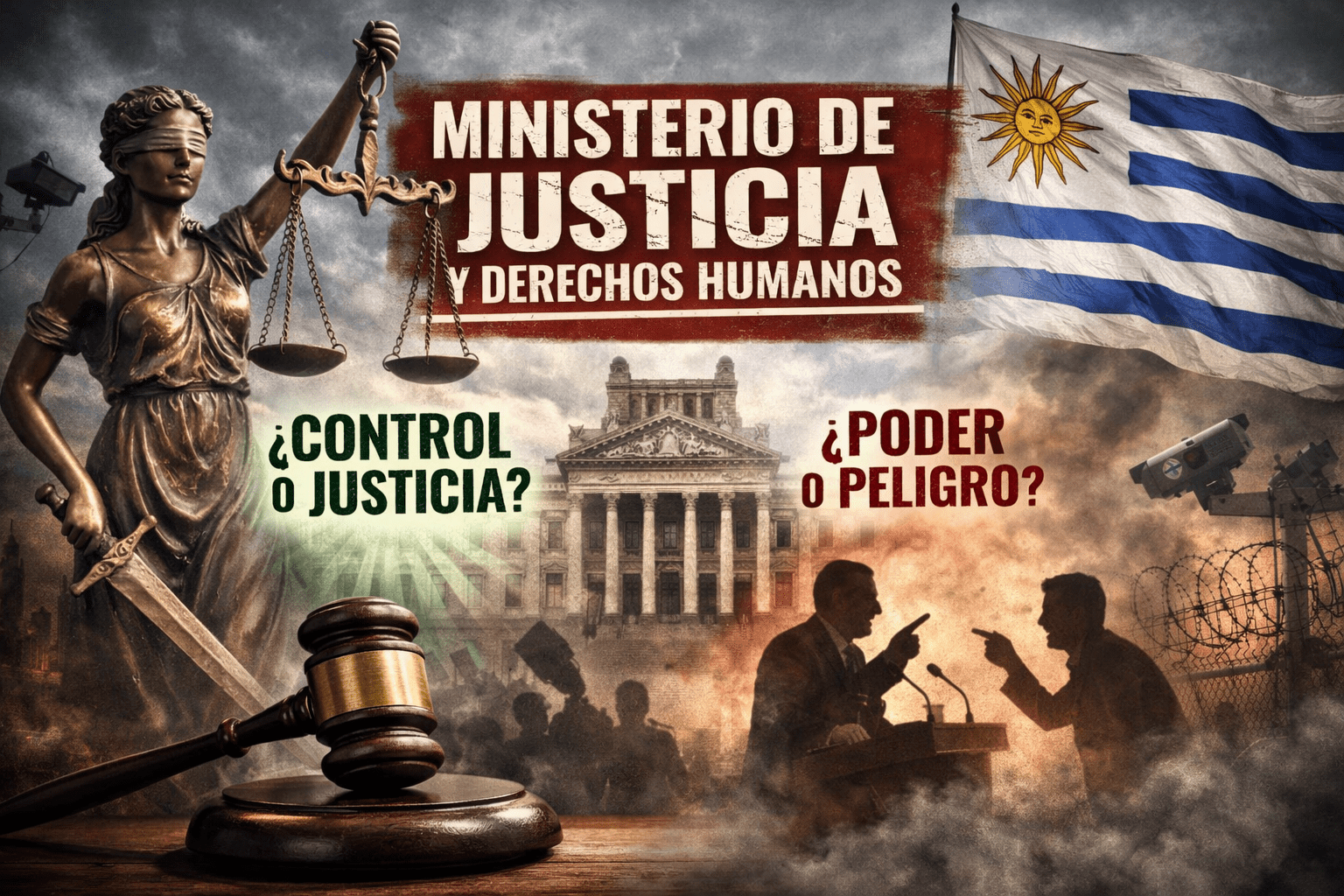 Portada sobre el Ministerio de Justicia en Uruguay con símbolo de la Justicia, bandera uruguaya y debate político