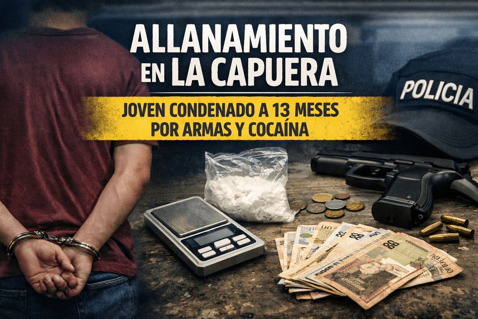 Portada ilustrativa sobre allanamiento en La Capuera: joven condenado a 13 meses por armas y cocaína