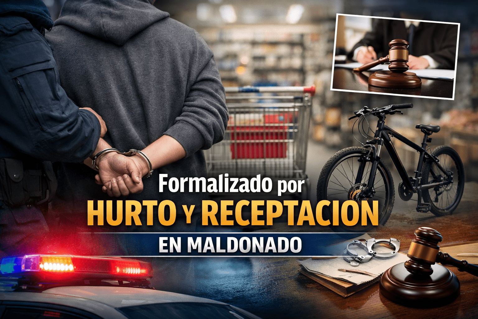 Imagen ilustrativa sobre un caso de hurto y receptación en Maldonado, con referencia a un supermercado, una bicicleta y una actuación judicial.