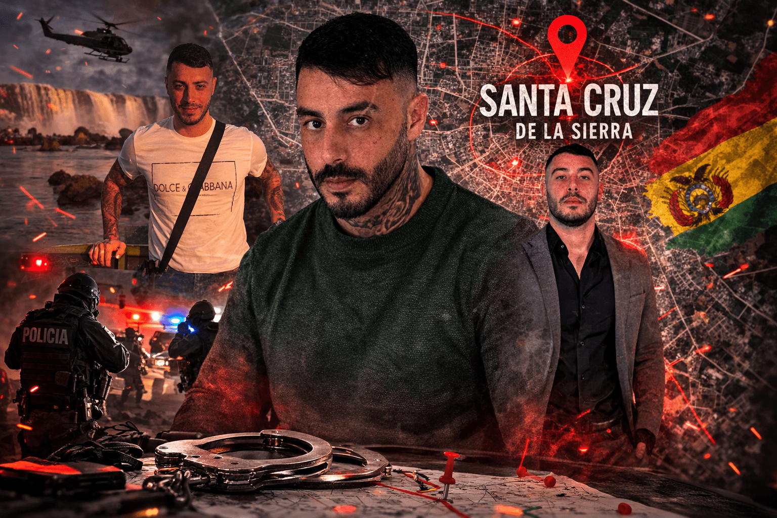 Composición ilustrativa de Sebastián Marset con un mapa de Santa Cruz de la Sierra al fondo y elementos visuales vinculados a un operativo policial.