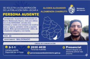 Buscan en Maldonado a Alcides Alexander Alzamendía Charrutti, ausente desde el 3 de mayo