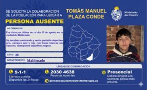 Buscan a Tomás Manuel Plaza Conde, de 20 años, en Maldonado